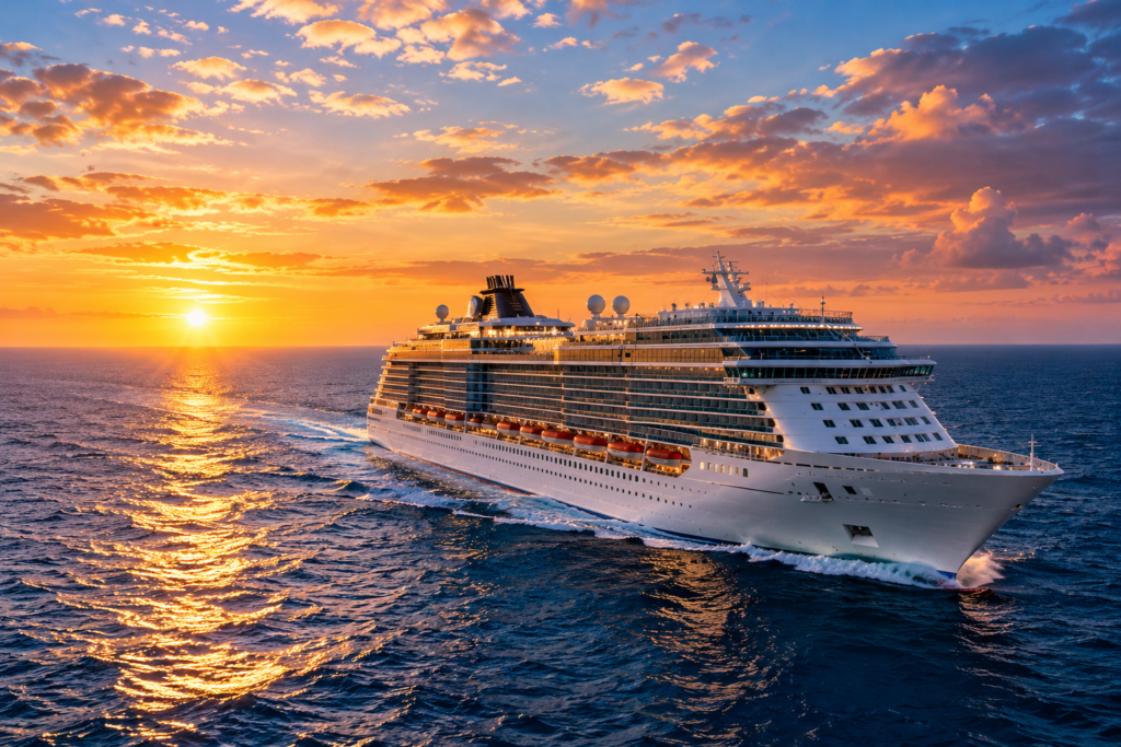 cruise ship in water with sunset for travle insurance